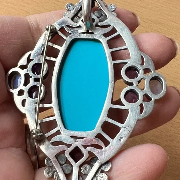 HUGE VINTAGE TURQUOISE AMETHYST GARNET MOONSTONE PENDANT PIN BROOCH 925STERLING
